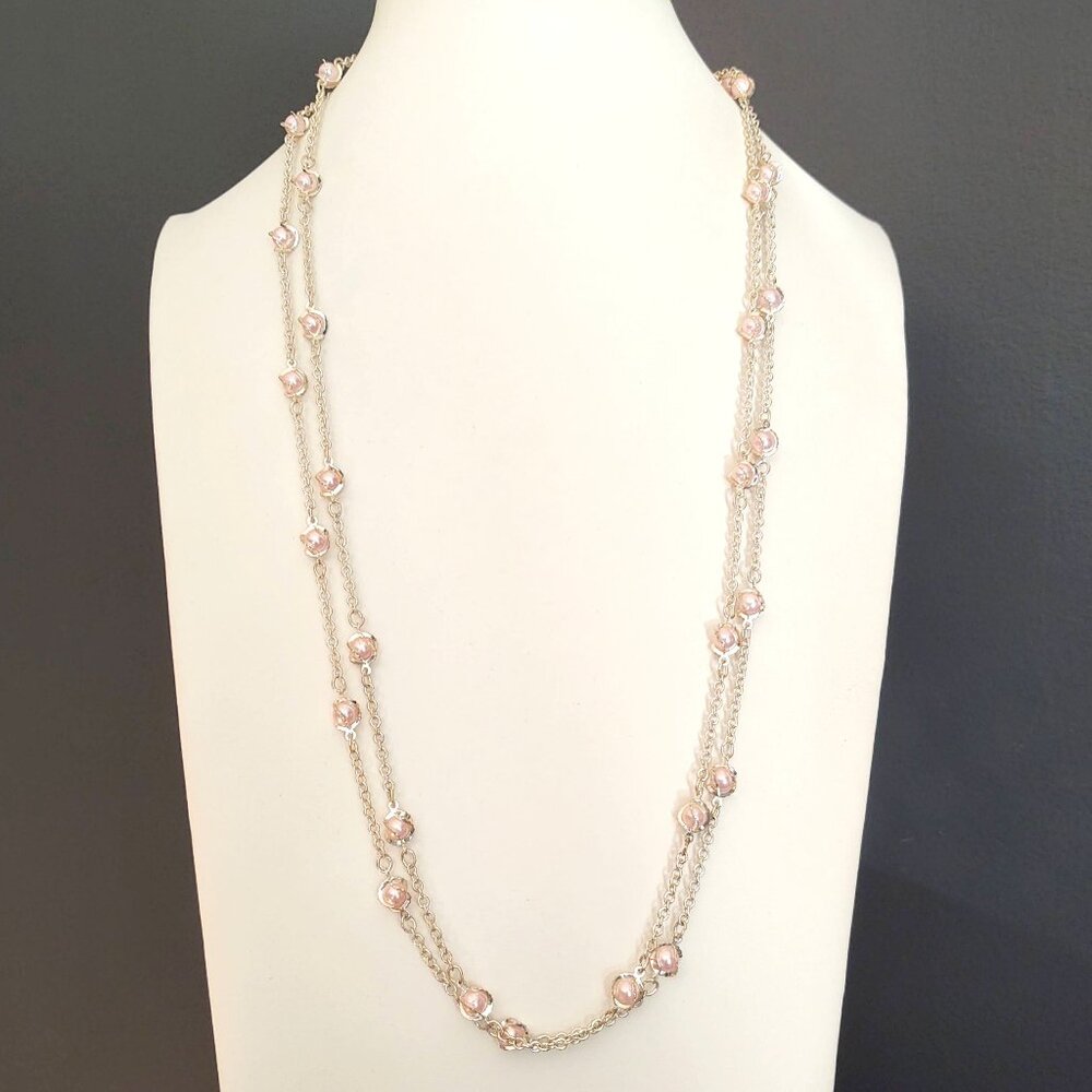 2 single strand silver necklaces with faux pink pearls wrapped in silver metal